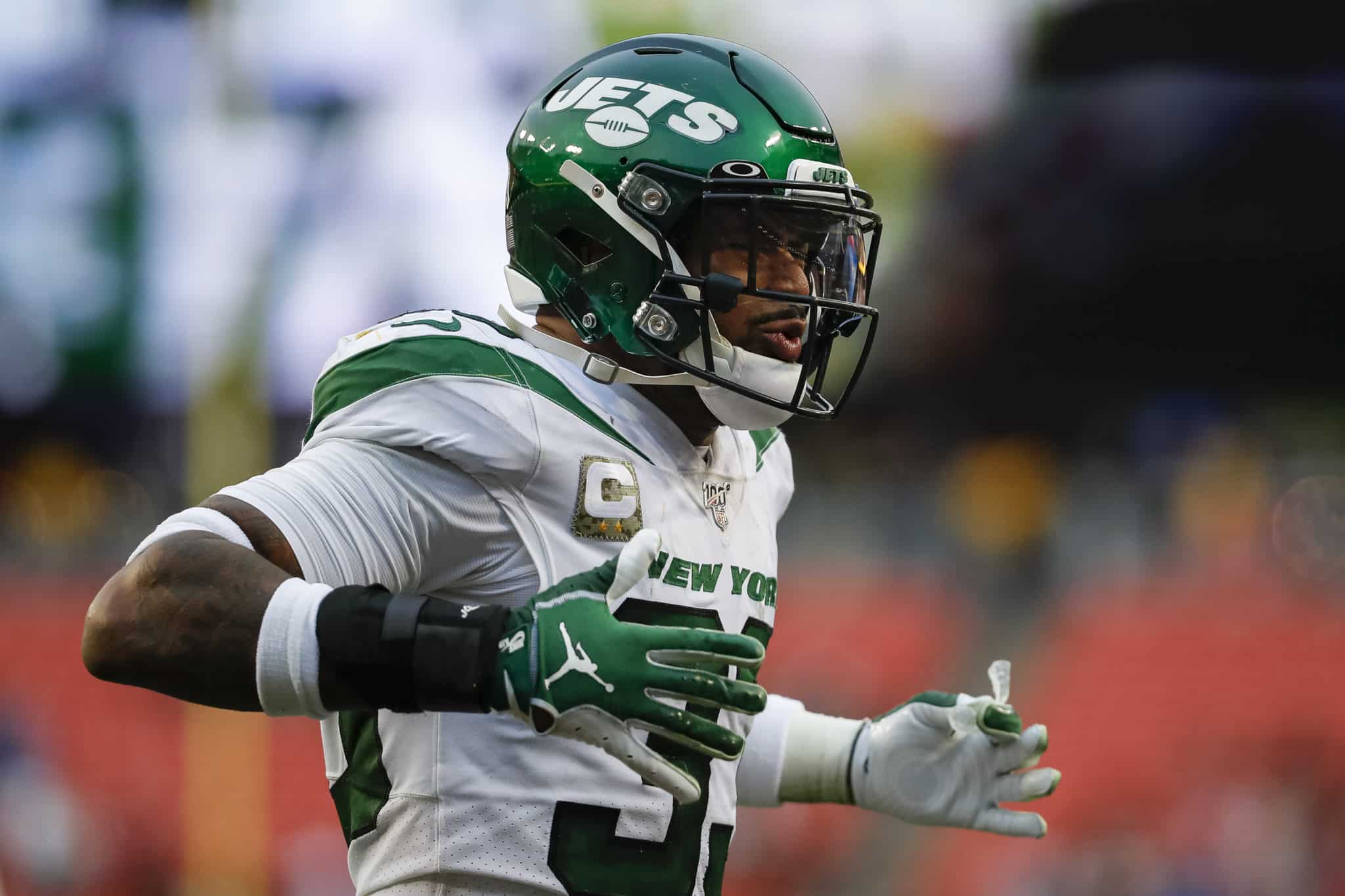 LANDOVER, MD - NOVEMBER 17: Jamal Adams #33 of the New York Jets reacts to a play during the second half of the game against the Washington Redskins at FedExField on November 17, 2019 in Landover, Maryland.