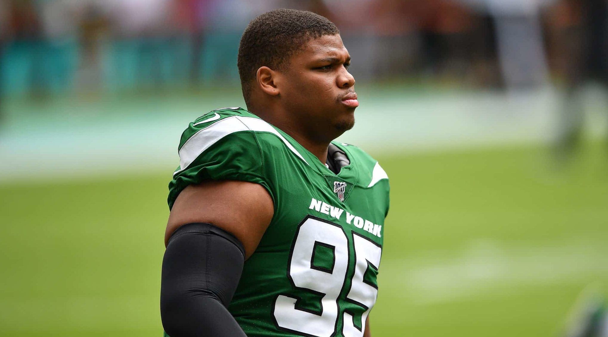 MIAMI, FLORIDA - NOVEMBER 03: Quinnen Williams #95 of the New York Jets warms up prior to the game against the Miami Dolphins at Hard Rock Stadium on November 03, 2019 in Miami, Florida.