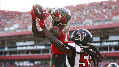 TAMPA, FLORIDA - DECEMBER 29: Breshad Perriman #19 of the Tampa Bay Buccaneers catches a touchdown pass against the Atlanta Falcons during the first half at Raymond James Stadium on December 29, 2019 in Tampa, Florida.