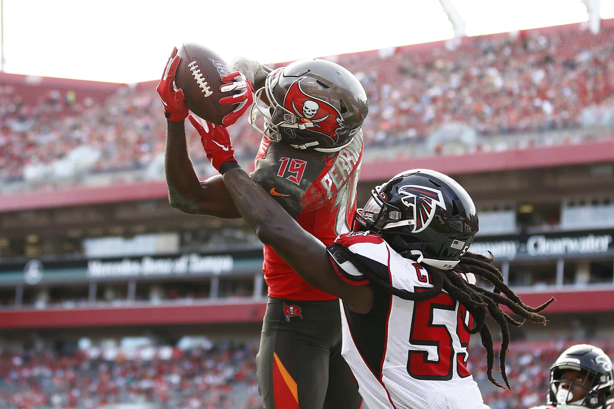 TAMPA, FLORIDA - DECEMBER 29: Breshad Perriman #19 of the Tampa Bay Buccaneers catches a touchdown pass against the Atlanta Falcons during the first half at Raymond James Stadium on December 29, 2019 in Tampa, Florida.