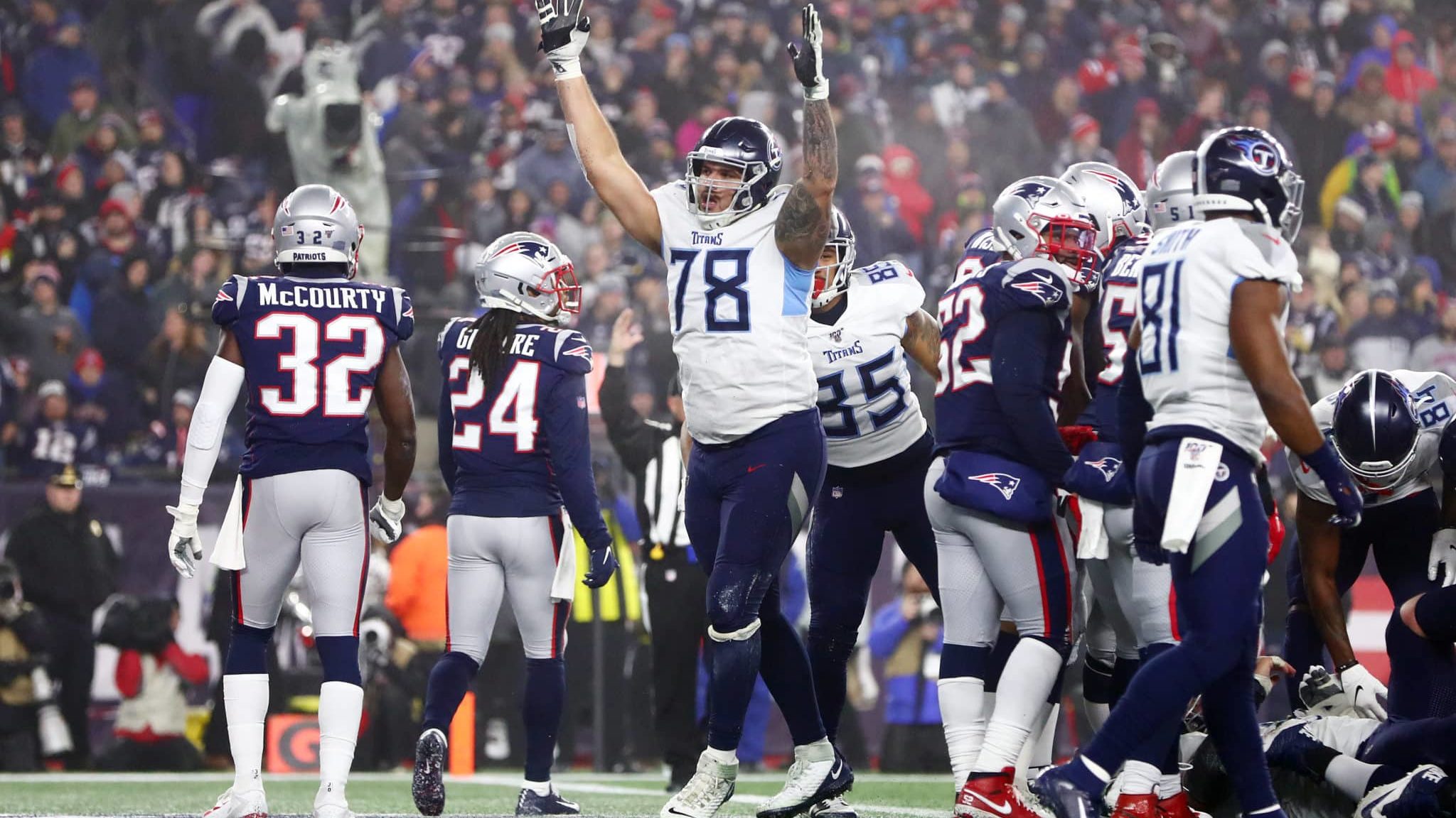 FOXBOROUGH, MASSACHUSETTS - JANUARY 04: Jack Conklin #78 of the Tennessee Titans reacts as they take on the New England Patriots in the first half o the AFC Wild Card Playoff game at Gillette Stadium on January 04, 2020 in Foxborough, Massachusetts. The Tennessee Titans won 20-13.