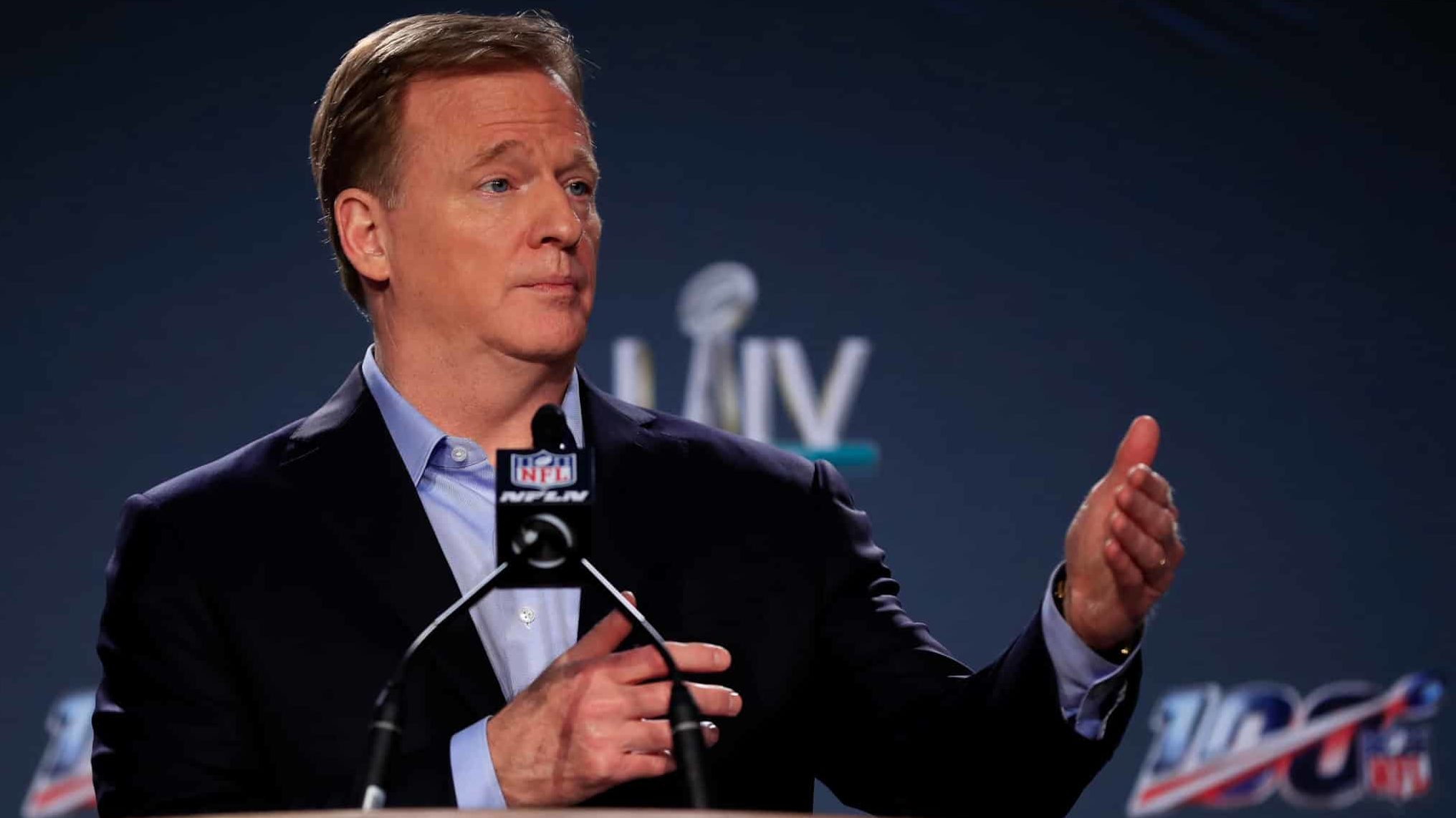 MIAMI, FLORIDA - JANUARY 29: NFL Commissioner Roger Goodell speaks to the media during a press conference prior to Super Bowl LIV at the Hilton Miami Downtown on January 29, 2020 in Miami, Florida. The San Francisco 49ers will face the Kansas City Chiefs in the 54th playing of the Super Bowl, Sunday February 2nd.