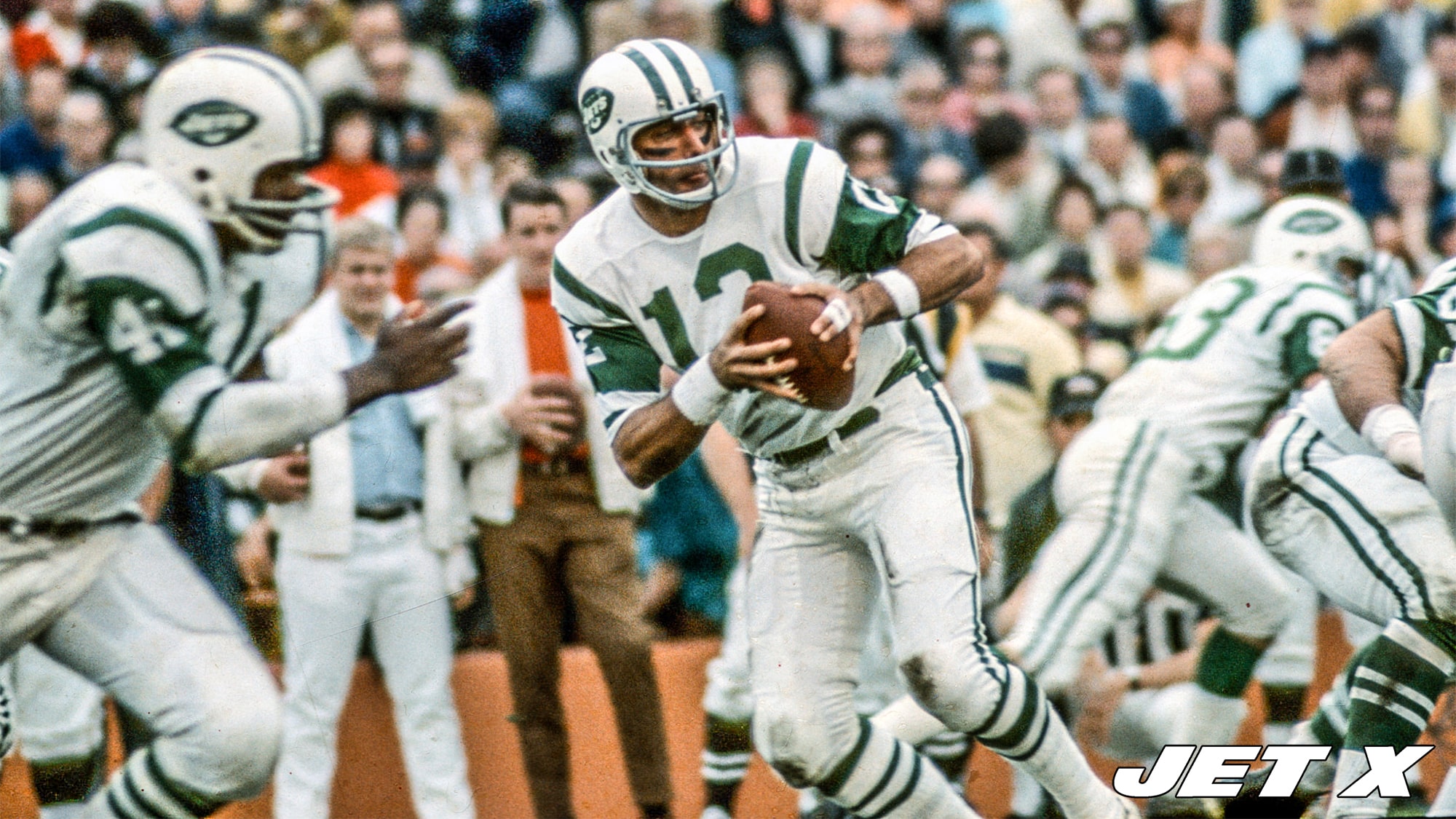 MIAMI, FL - JANUARY 12: Joe Namath #12 of the New York Jets drops back to pass against the Baltimore Colts during Super Bowl III at the Orange Bowl on January 12, 1969 in Miami, Florida. The Jets defeated the Colts 16-7.