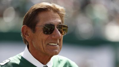 EAST RUTHERFORD, NEW JERSEY - SEPTEMBER 08: NFL Hall of Famer Joe Namath leaves the field during the first quarter at a game between the New York Jets and the Buffalo Bills at MetLife Stadium on September 08, 2019 in East Rutherford, New Jersey.