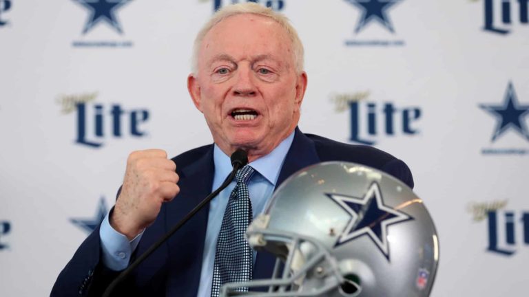 FRISCO, TEXAS - JANUARY 08: Team owner Jerry Jones of the Dallas Cowboys talks with the media during a press conference at the Ford Center at The Star on January 08, 2020 in Frisco, Texas.