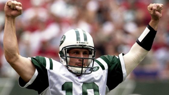 New York Jets QB Chad Pennington celebrates a touchdown during action against the Cincinnati Bengals at the Meadowlands In East Rutherford, New Jersey, Aug. 10, 2003. The Jets defeated the Bengals 28 - 13.