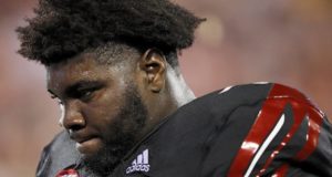LOUISVILLE, KY - OCTOBER 05: Mekhi Becton #73 of the Louisville Cardinals reacts in the second half of the game against the Georgia Tech Yellow Jackets at Cardinal Stadium on October 5, 2018 in Louisville, Kentucky.