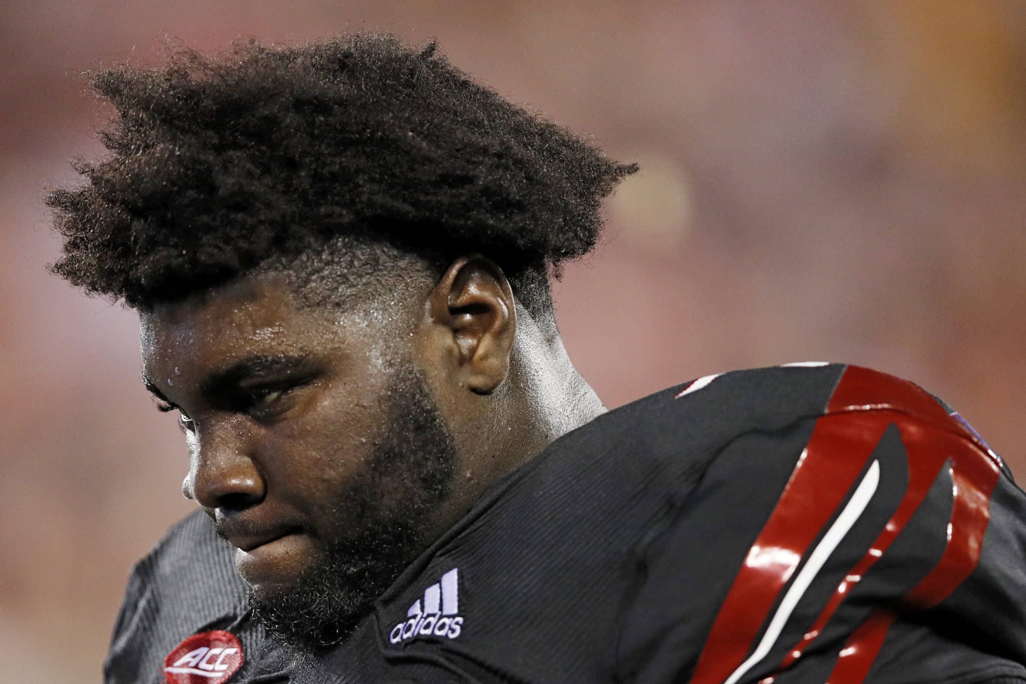 LOUISVILLE, KY - OCTOBER 05: Mekhi Becton #73 of the Louisville Cardinals reacts in the second half of the game against the Georgia Tech Yellow Jackets at Cardinal Stadium on October 5, 2018 in Louisville, Kentucky.