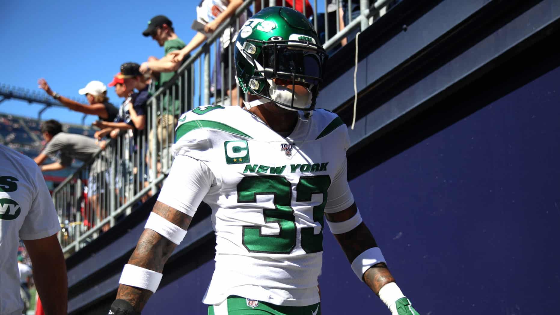 FOXBOROUGH, MASSACHUSETTS - SEPTEMBER 22: Jamal Adams #33 of the New York Jets walks back to the locker room prior to the game against the New England Patriots at Gillette Stadium on September 22, 2019 in Foxborough, Massachusetts.