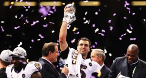 NEW ORLEANS, LA - FEBRUARY 03: Super Bowl MVP Joe Flacco #5 of the Baltimore Ravens celebrates with the Vince Lombardi trophy after the Ravens won 34-31 against the San Francisco 49ers during Super Bowl XLVII at the Mercedes-Benz Superdome on February 3, 2013 in New Orleans, Louisiana.