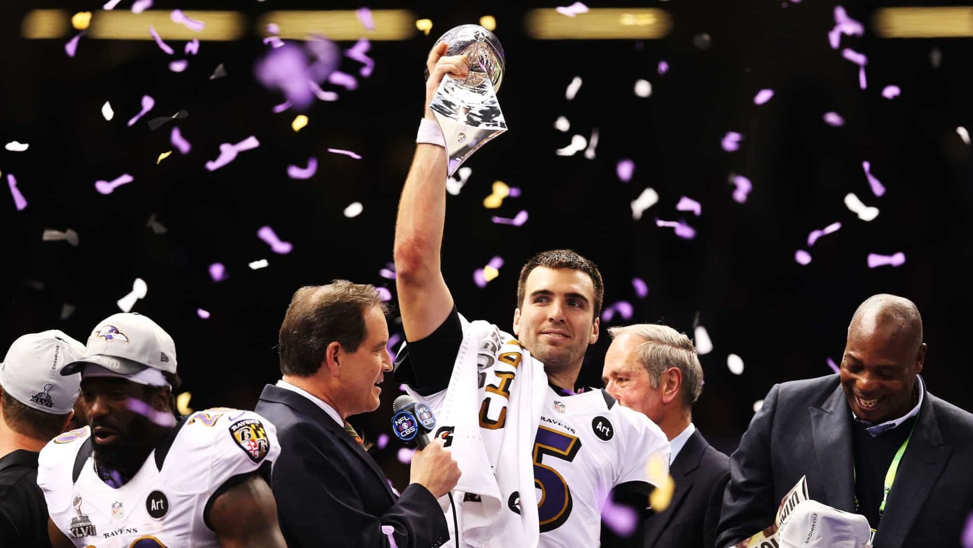 NEW ORLEANS, LA - FEBRUARY 03: Super Bowl MVP Joe Flacco #5 of the Baltimore Ravens celebrates with the Vince Lombardi trophy after the Ravens won 34-31 against the San Francisco 49ers during Super Bowl XLVII at the Mercedes-Benz Superdome on February 3, 2013 in New Orleans, Louisiana.