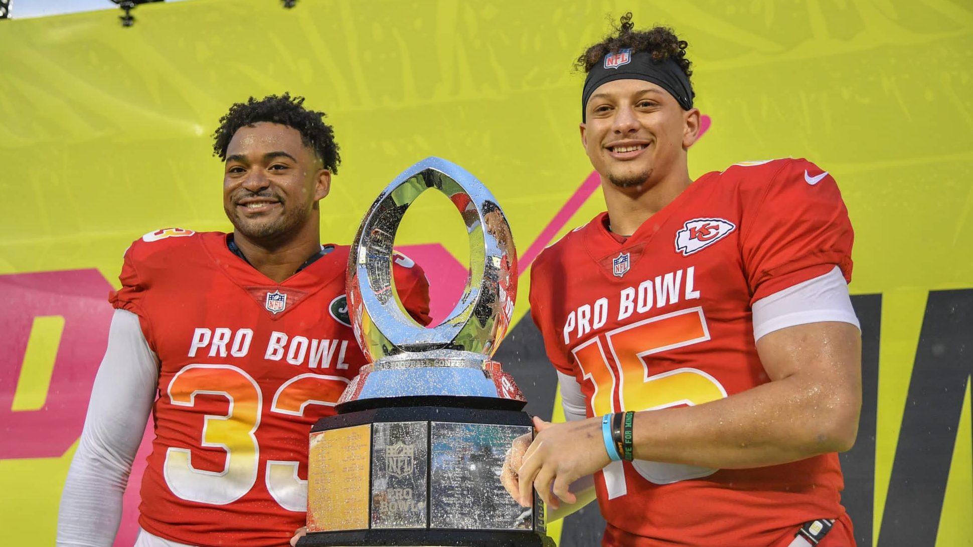 ORLANDO, FL - JANUARY 27: Jamal Adams #33 of the New York Jets and Patrick Mahomes #15 of the Kansas City Chiefs are names Co-MVP's after the 2019 NFL Pro Bowl at Camping World Stadium on January 27, 2019 in Orlando, Florida.