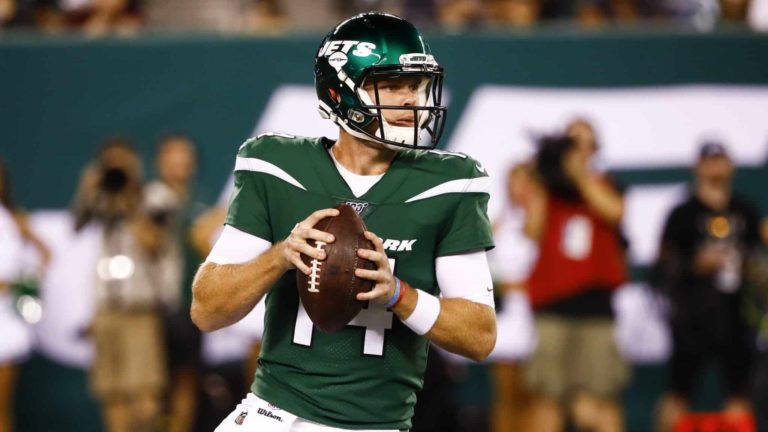 EAST RUTHERFORD, NJ - AUGUST 24: Sam Darnold #14 of the New York Jets looks to pass during a pre-season game against the New Orleans Saints at MetLife Stadium on August 24, 2019 in East Rutherford, New Jersey.