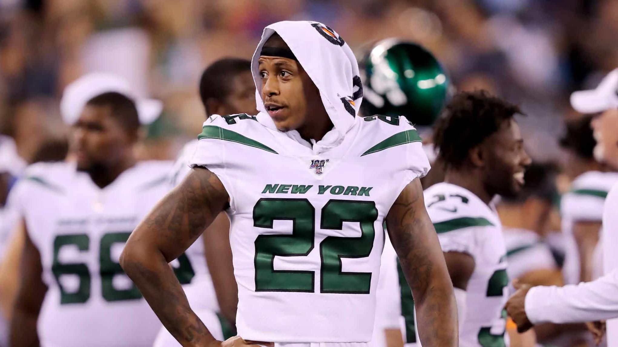 EAST RUTHERFORD, NEW JERSEY - AUGUST 08: Trumaine Johnson #22 of the New York Jets looks on from the sideline during a preseason game against the New York Giants at MetLife Stadium on August 08, 2019 in East Rutherford, New Jersey.