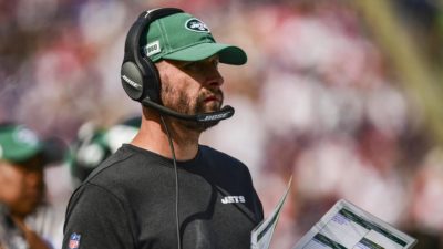 FOXBOROUGH, MA - SEPTEMBER 22: Head coach Adam Gase of the New York Jets looks on during the second quarter of a game against the New England Patriots at Gillette Stadium on September 22, 2019 in Foxborough, Massachusetts.