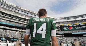 EAST RUTHERFORD, NEW JERSEY - SEPTEMBER 08: Sam Darnold #14 of the New York Jets walks off the field after losing to the Buffalo Bills 17-16 at MetLife Stadium on September 08, 2019 in East Rutherford, New Jersey.