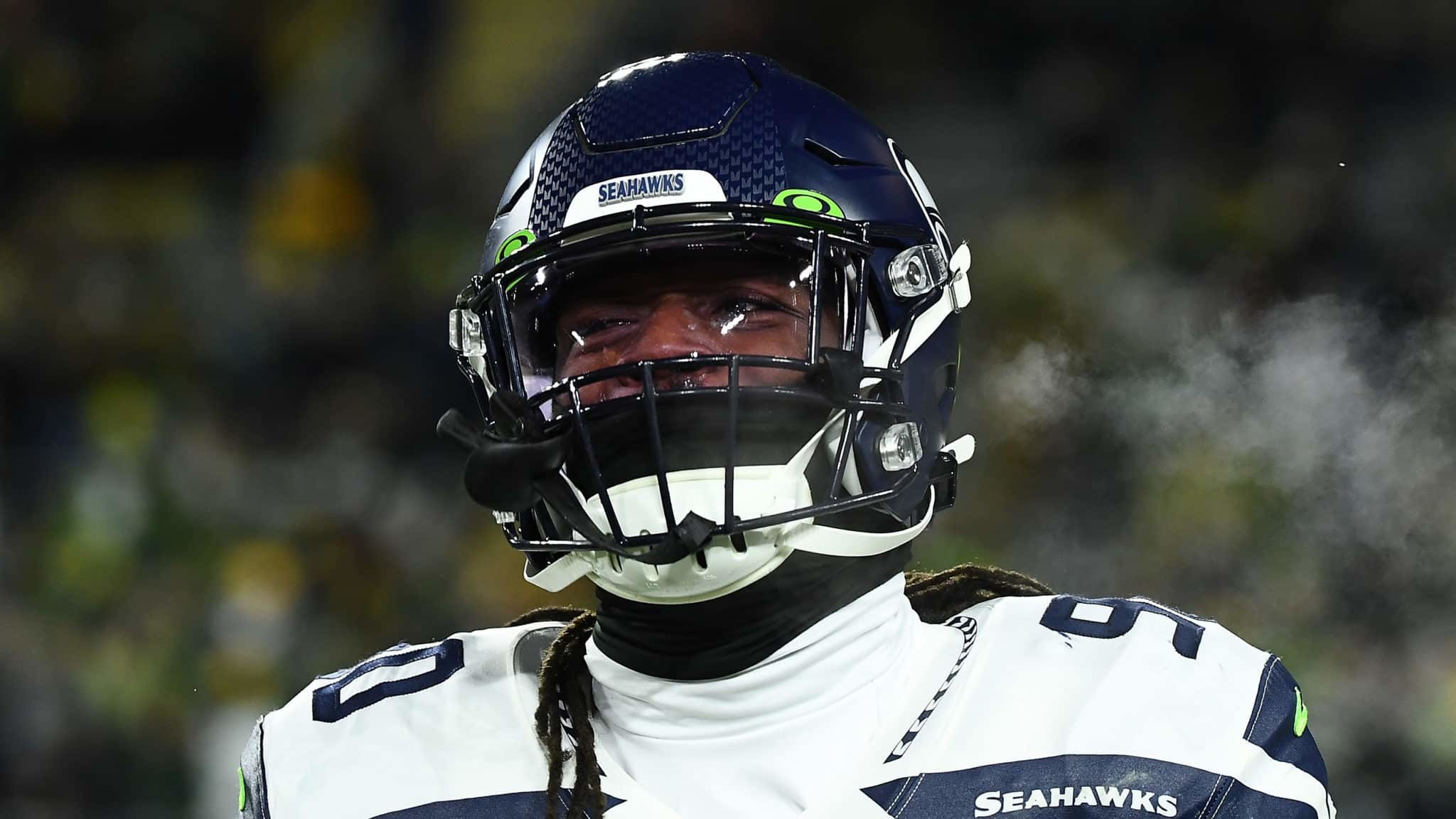 GREEN BAY, WISCONSIN - JANUARY 12: Jadeveon Clowney #90 of the Seattle Seahawks looks on before the NFC Divisional Playoff game against the Green Bay Packers at Lambeau Field on January 12, 2020 in Green Bay, Wisconsin.