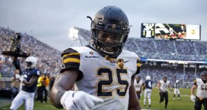 STATE COLLEGE, PA - SEPTEMBER 01: Jalin Moore #25 of the Appalachian State Mountaineers celebrates after rushing for a 16 yard touchdown in the fourth quarter against the Penn State Nittany Lions on September 1, 2018 at Beaver Stadium in State College, Pennsylvania.