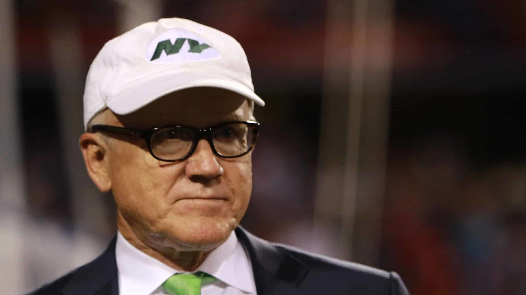 ORCHARD PARK, NY - SEPTEMBER 15: New York Jets owner Woody Johnson talks on the sidelines before the game against the Buffalo Bills at New Era Field on September 15, 2016 in Orchard Park, New York.