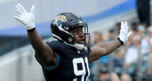 JACKSONVILLE, FLORIDA - DECEMBER 02: Yannick Ngakoue #91 of the Jacksonville Jaguars celebrates a defensive stop during the game against the Indianapolis Colts on December 02, 2018 in Jacksonville, Florida.
