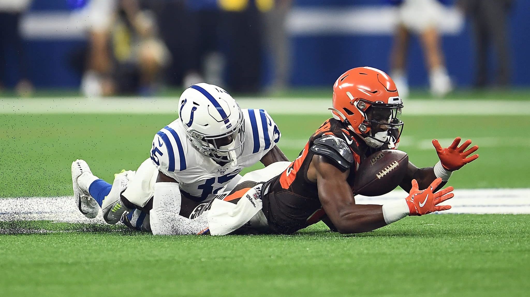 INDIANAPOLIS, INDIANA - AUGUST 17: Pierre Desir #35 of the Indianapolis Colts defends a pass intended for D.J. Montgomery #83 of the Cleveland Browns during the first half of a preseason game at Lucas Oil Stadium on August 17, 2019 in Indianapolis, Indiana.