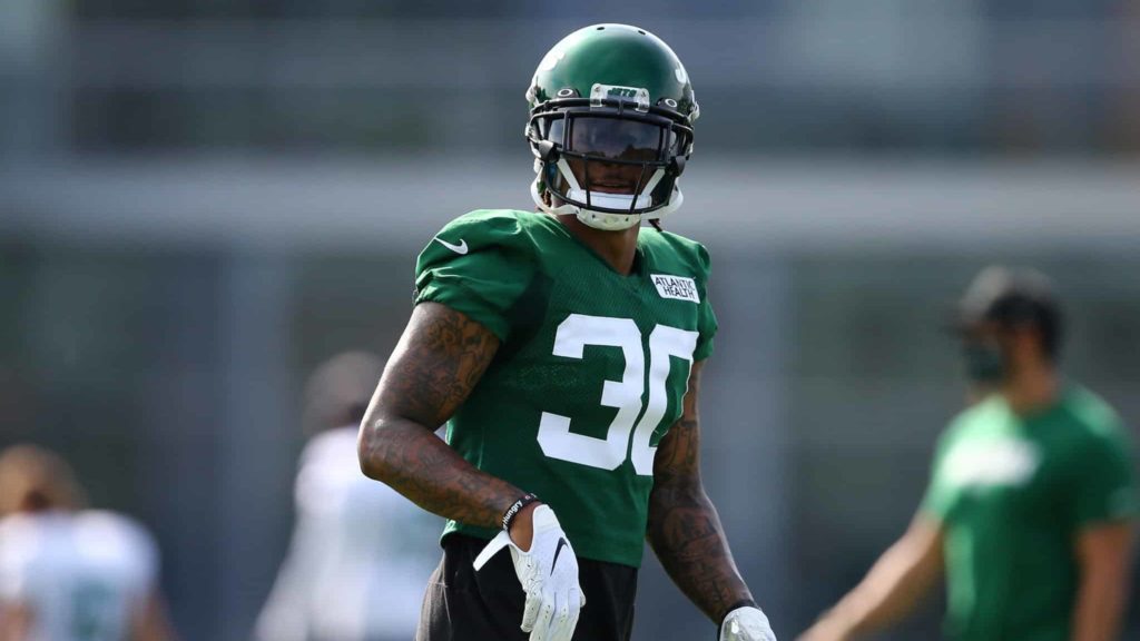 FLORHAM PARK, NEW JERSEY - AUGUST 14: Bradley McDougald #30 of the New York Jets runs drills at Atlantic Health Jets Training Center on August 14, 2020 in Florham Park, New Jersey.