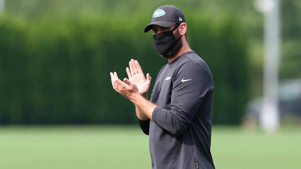 FLORHAM PARK, NEW JERSEY - AUGUST 23: head coach Adam Gase of the New York Jets looks on at Atlantic Health Jets Training Center on August 23, 2020 in Florham Park, New Jersey.