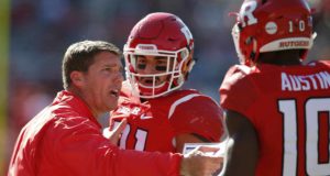 PISCATAWAY, NJ - OCTOBER 15: Rutgers head coach Chris Ash talks to Anthony Cioffi #31 and Blessuan Austin #10 during the third quarter against Illinois during a game on October 15, 2016 in Piscataway, New Jersey. Illinois defeated Rutgers 24-7.