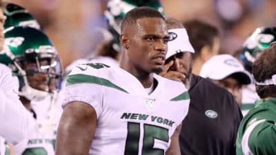 EAST RUTHERFORD, NEW JERSEY - AUGUST 08: Josh Bellamy #15 of the New York Jets looks on from the sideline during a preseason game against the New York Giants at MetLife Stadium on August 08, 2019 in East Rutherford, New Jersey.