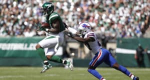 EAST RUTHERFORD, NEW JERSEY - SEPTEMBER 08: Josh Bellamy #15 of the New York Jets makes a catch against Tre'Davious White #27 of the Buffalo Bills during the first quarter at MetLife Stadium on September 08, 2019 in East Rutherford, New Jersey.