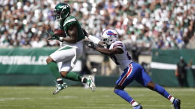EAST RUTHERFORD, NEW JERSEY - SEPTEMBER 08: Josh Bellamy #15 of the New York Jets makes a catch against Tre'Davious White #27 of the Buffalo Bills during the first quarter at MetLife Stadium on September 08, 2019 in East Rutherford, New Jersey.