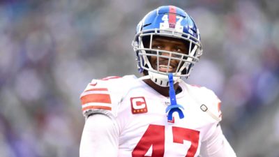 EAST RUTHERFORD, NEW JERSEY - NOVEMBER 10: Alec Ogletree #47 of the New York Giants smiles while a call is being reviewed during the second half of their game against the New York Jets at MetLife Stadium on November 10, 2019 in East Rutherford, New Jersey.