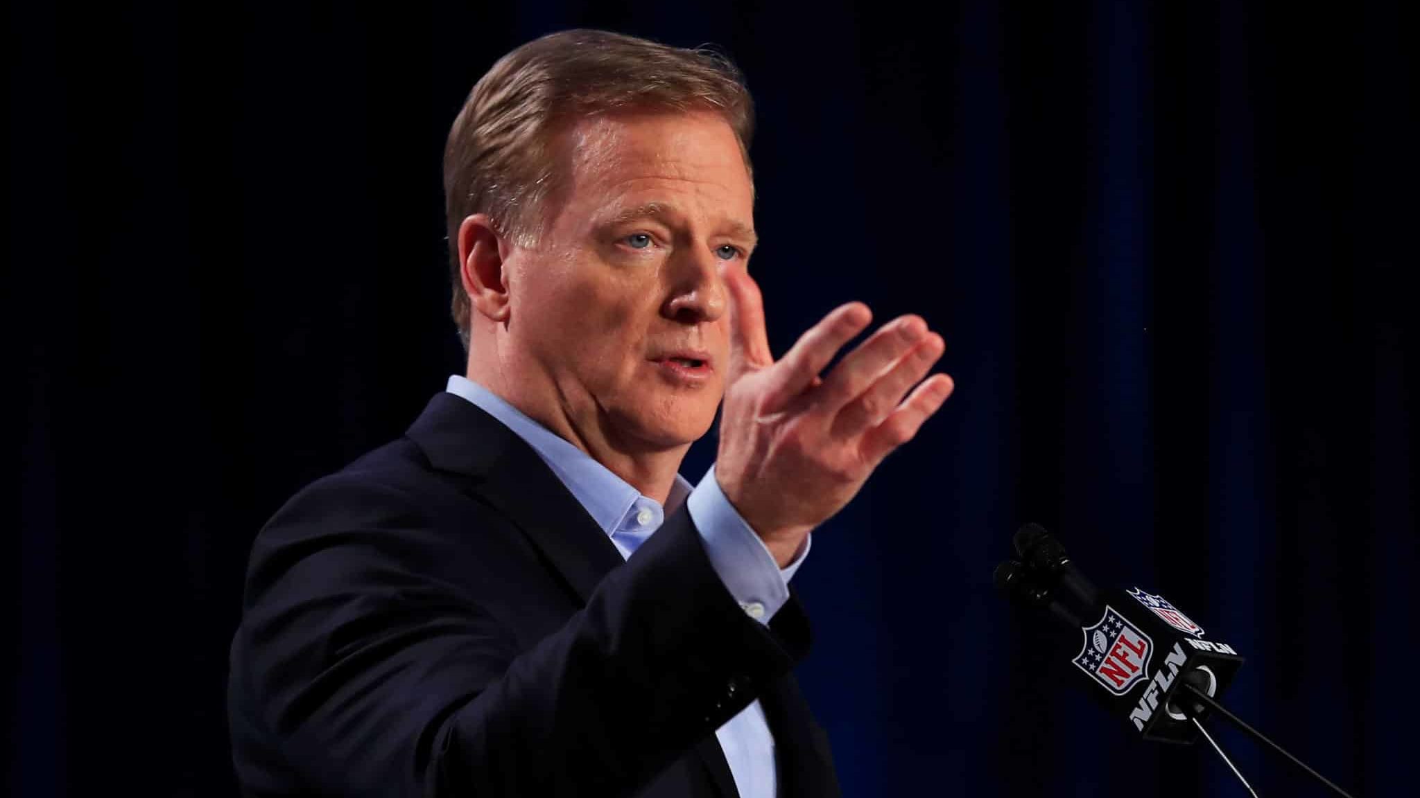 MIAMI, FLORIDA - JANUARY 29: NFL Commissioner Roger Goodell speaks to the media during a press conference prior to Super Bowl LIV at the Hilton Miami Downtown on January 29, 2020 in Miami, Florida. The San Francisco 49ers will face the Kansas City Chiefs in the 54th playing of the Super Bowl, Sunday February 2nd.