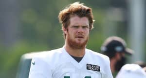 FLORHAM PARK, NEW JERSEY - AUGUST 14: Sam Darnold #14 of the New York Jets runs drills at Atlantic Health Jets Training Center on August 14, 2020 in Florham Park, New Jersey.