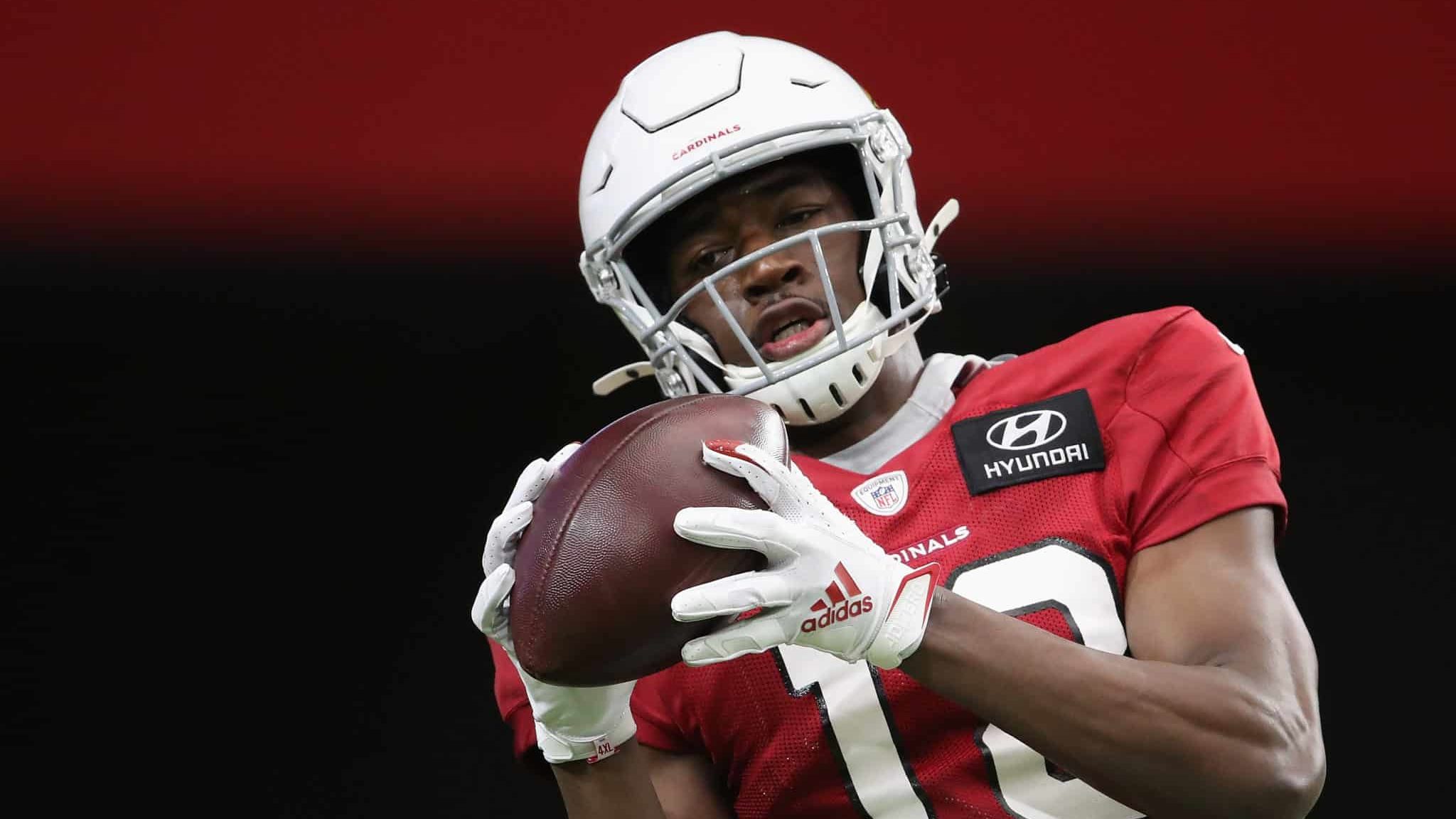 GLENDALE, ARIZONA - AUGUST 17: Wide receiver Hakeem Butler #18 of the Arizona Cardinals makes a reception during a NFL team training camp at University of State Farm Stadium on August 17, 2020 in Glendale, Arizona.