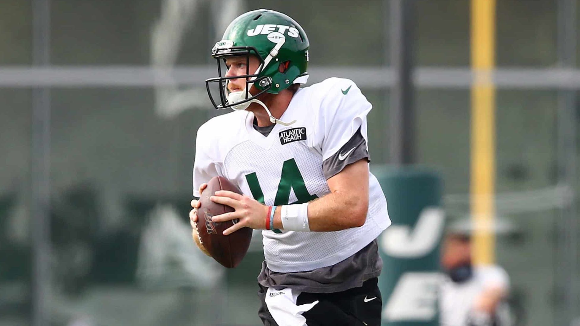 FLORHAM PARK, NEW JERSEY - AUGUST 23: Sam Darnold #14 of the New York Jets run drills at Atlantic Health Jets Training Center on August 23, 2020 in Florham Park, New Jersey.