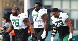 FLORHAM PARK, NEW JERSEY - AUGUST 23: Mekhi Becton #77 of the New York Jets looks on at Atlantic Health Jets Training Center on August 23, 2020 in Florham Park, New Jersey.