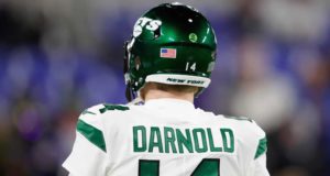 BALTIMORE, MARYLAND - DECEMBER 12: Quarterback Sam Darnold #14 of the New York Jets prepares for the game against the Baltimore Ravens at M&T Bank Stadium on December 12, 2019 in Baltimore, Maryland.