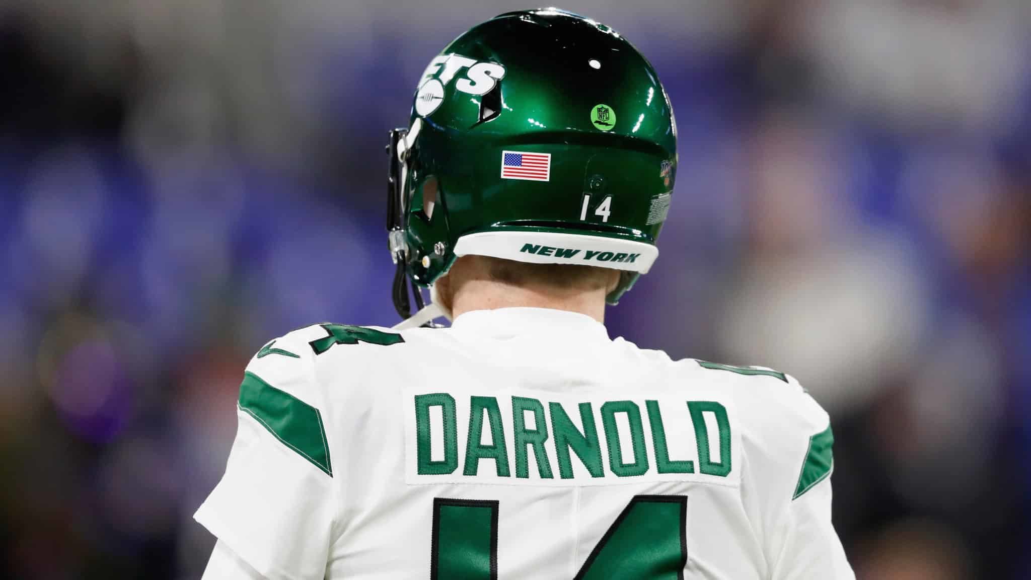 BALTIMORE, MARYLAND - DECEMBER 12: Quarterback Sam Darnold #14 of the New York Jets prepares for the game against the Baltimore Ravens at M&T Bank Stadium on December 12, 2019 in Baltimore, Maryland.