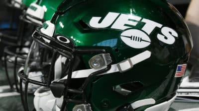 ATLANTA, GA - AUGUST 15: New York Jets football helmets on the sideline during the NFL preseason game between the New York Jets and the Atlanta Falcons on August 15, 2019, at Mercedes-Benz Stadium in Atlanta, GA.