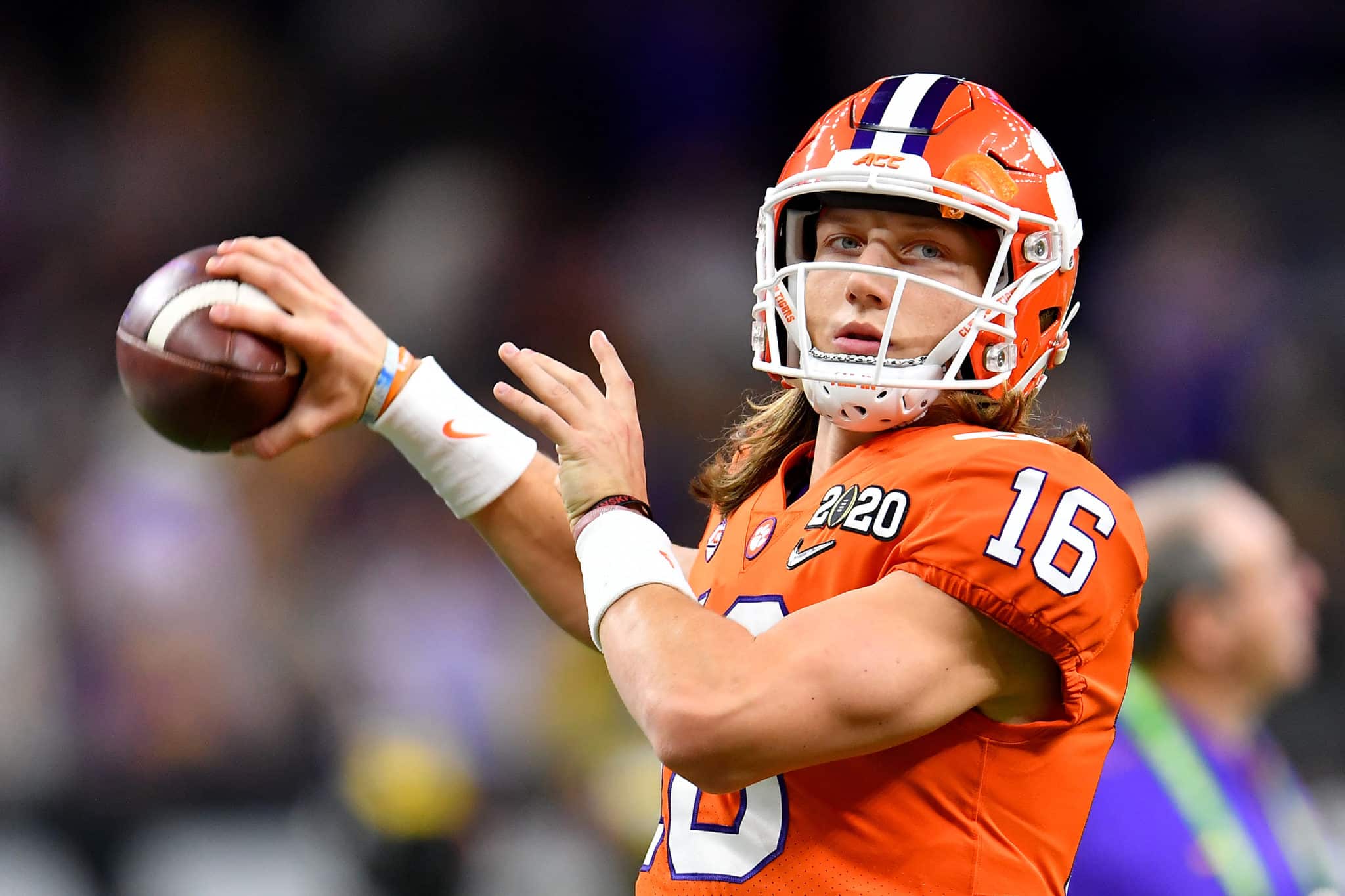 NEW ORLEANS, LOUISIANA - JANUARY 13: Trevor Lawrence #16 of the Clemson Tigers warms up before the College Football Playoff National Championship game against the LSU Tigers at the Mercedes Benz Superdome on January 13, 2020 in New Orleans, Louisiana. The LSU Tigers topped the Clemson Tigers, 42-25. 