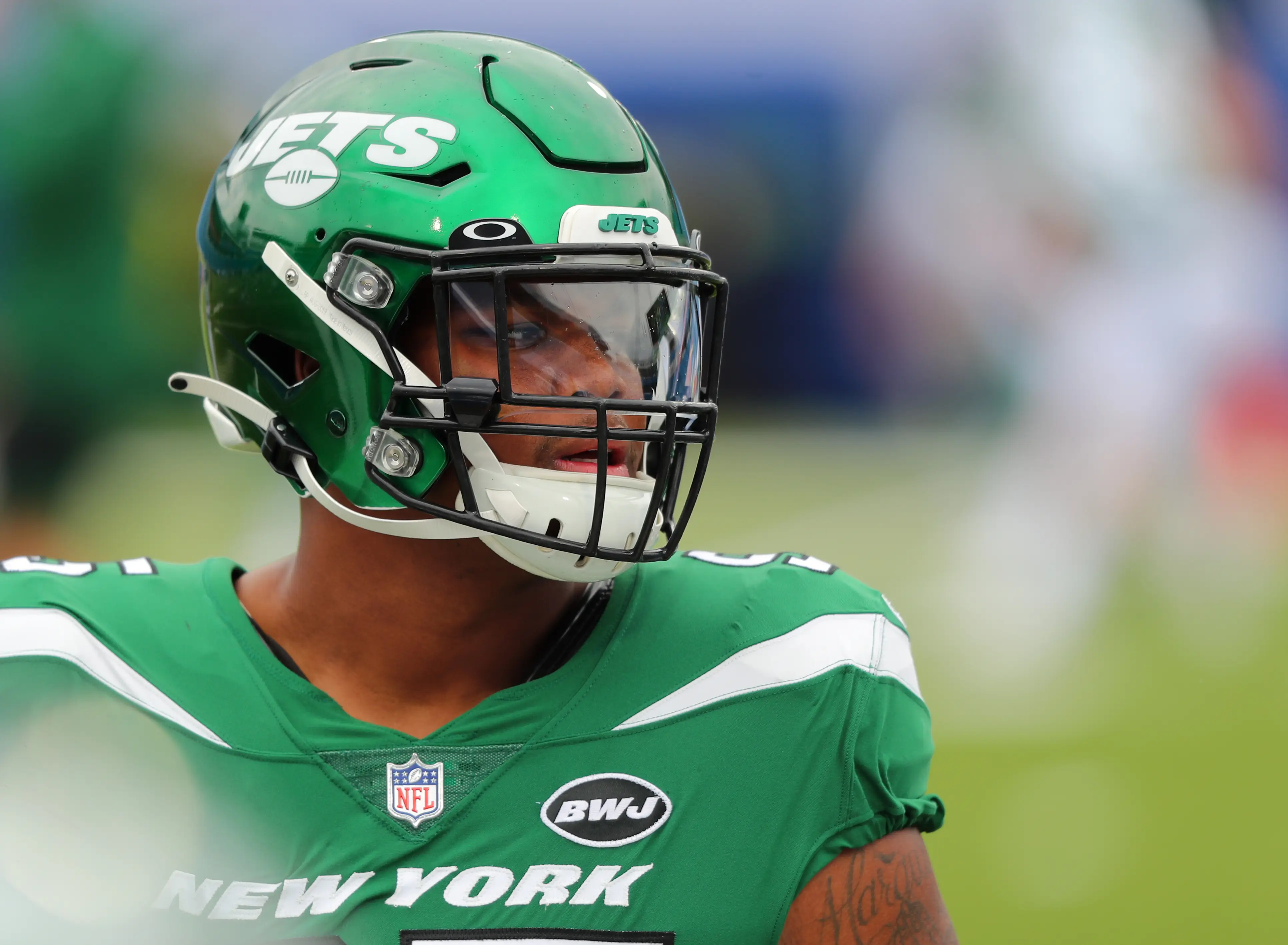 ORCHARD PARK, NY - SEPTEMBER 13: Quinnen Williams #95 of the New York Jets on the field before a game against the Buffalo Bills at Bills Stadium on September 13, 2020 in Orchard Park, New York. Bills beat the Jets 27 to 17.