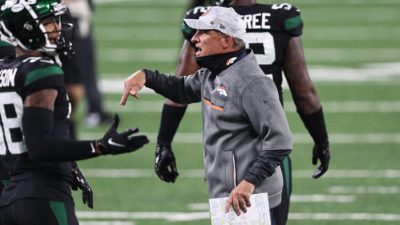EAST RUTHERFORD, NEW JERSEY - OCTOBER 01: head coach Vic Fangio of the Denver Broncos yell sat his players to get off the field following a win against the New York Jets at MetLife Stadium on October 01, 2020 in East Rutherford, New Jersey.