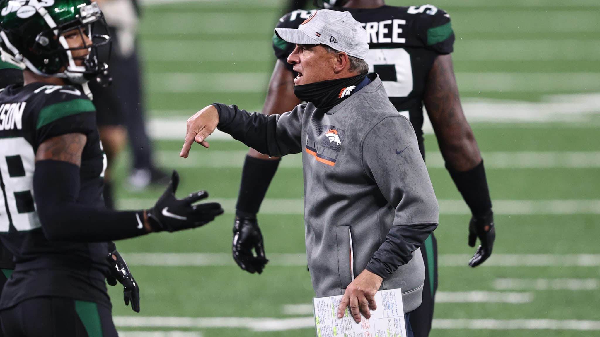 EAST RUTHERFORD, NEW JERSEY - OCTOBER 01: head coach Vic Fangio of the Denver Broncos yell sat his players to get off the field following a win against the New York Jets at MetLife Stadium on October 01, 2020 in East Rutherford, New Jersey.