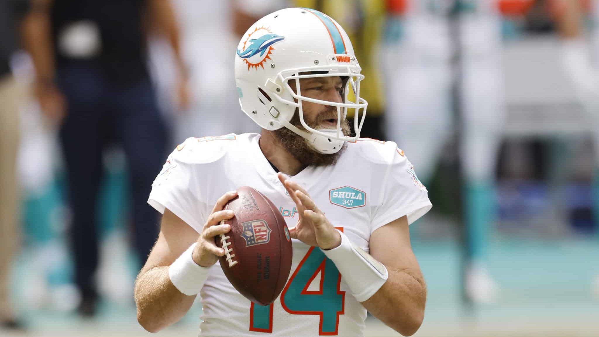 MIAMI GARDENS, FLORIDA - OCTOBER 04: Ryan Fitzpatrick #14 of the Miami Dolphins looks to pass against the Seattle Seahawks during the first half at Hard Rock Stadium on October 04, 2020 in Miami Gardens, Florida.