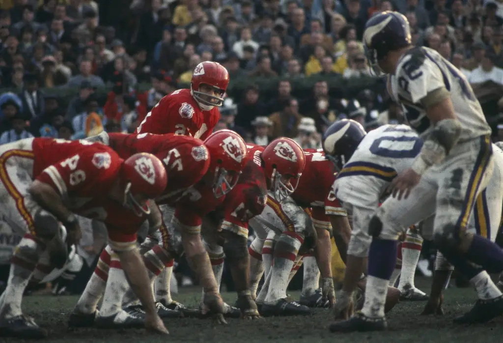 NEW ORLEANS - JANUARY 11: The Kansas City Chiefs line up and wait for the snap against the Minnesota Vikings during Super Bowl IV at Tulane Stadium in New Orleans, Louisiana on January 11, 1970. The Kansas City Chiefs defeated the Minnesota Vikings 23-7. 