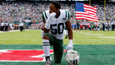 EAST RUTHERFORD, NJ - SEPTEMBER 11: (NEW YORK DAILIES OUT) Darron Lee #50 of the New York Jets looks on before a game against the Cincinnati Bengals on September 11, 2016 at MetLife Stadium in East Rutherford, New Jersey. The Bengals defeated the Jets 23-22.