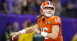 NEW ORLEANS, LA - JANUARY 13: Clemson Tigers quarterback Trevor Lawrence (16) drops back to pass during the first half of the College Football Playoff National Championship Game between the LSU Tigers and the Clemson Tigers on January 13, 2020 in New Orleans LA.