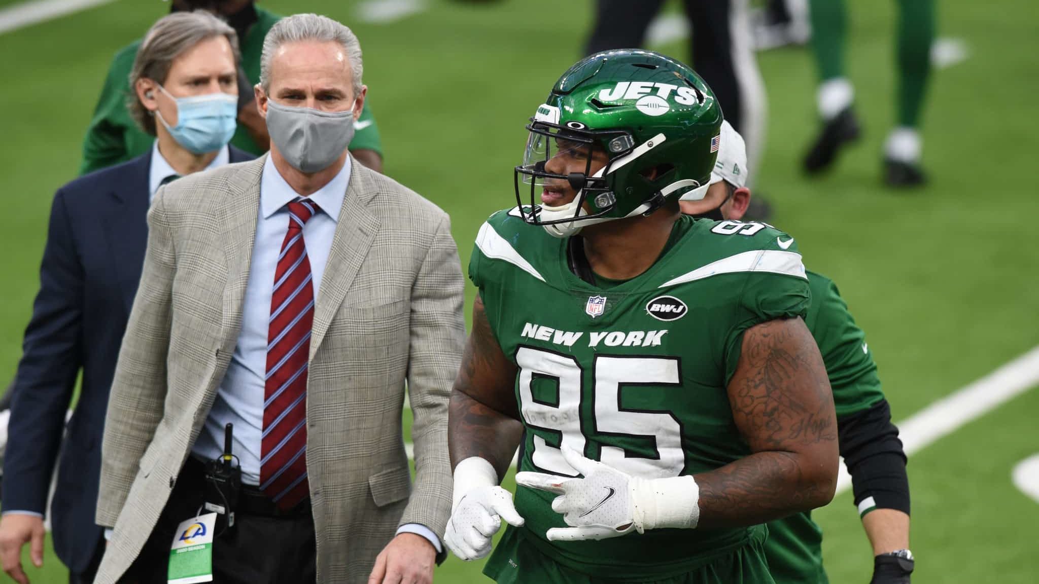 INGLEWOOD, CA - DECEMBER 20: New York Jets Defensive Tackle Quinnen Williams (95) is taken off the field with an injury during an NFL game between the New York Jets and the Los Angeles Rams on December 20, 2020, at SoFi Stadium in Inglewood, CA.