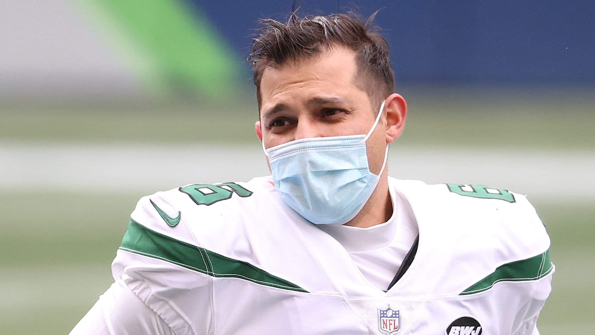 SEATTLE, WASHINGTON - DECEMBER 13: Sergio Castillo #6 of the New York Jets looks on before their game against the Seattle Seahawks at CenturyLink Field on December 13, 2020 in Seattle, Washington.